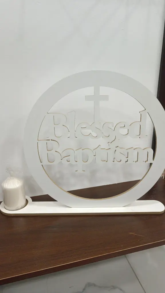 Blessed baptism sign with candle holder