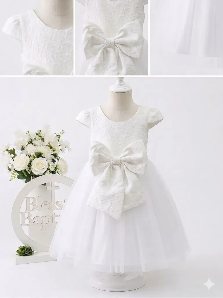 Baby Girl Baptism Dress with Bow & Tulle Skirt