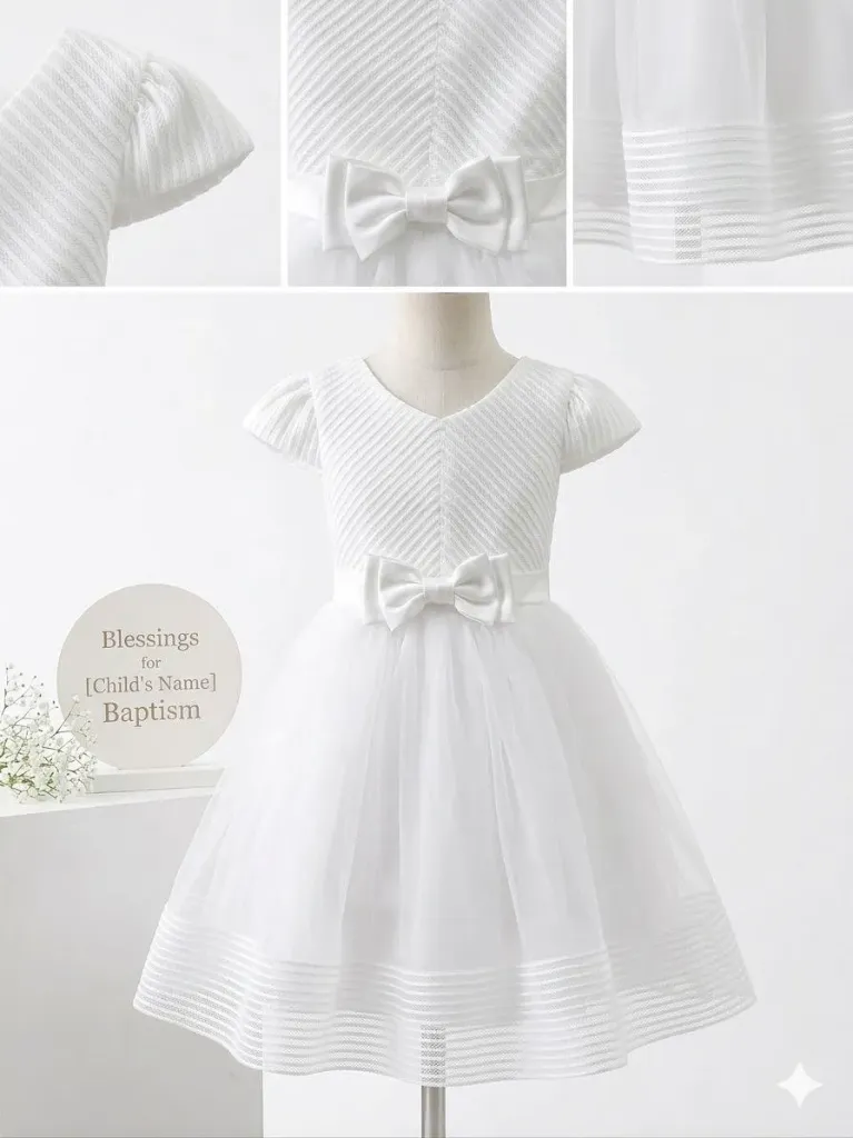 [Apparel] Modern Textured Baptism Dress with Bow Accent